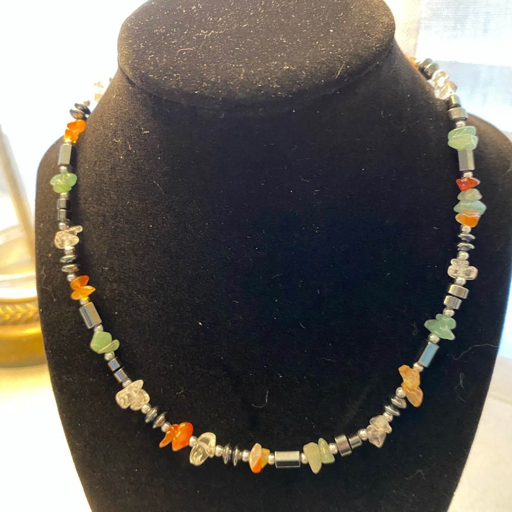 Multi-Color Gem Chip And Hematite Sterling Silver Necklace - Women Jewelry
